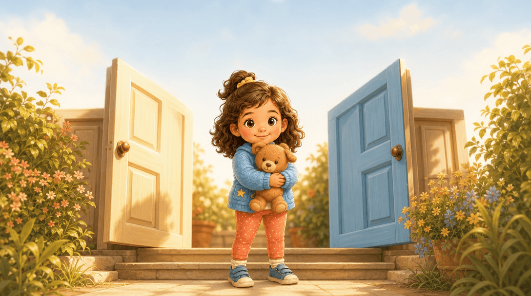 A child on a sunny step between two open doors, hugging a small bear