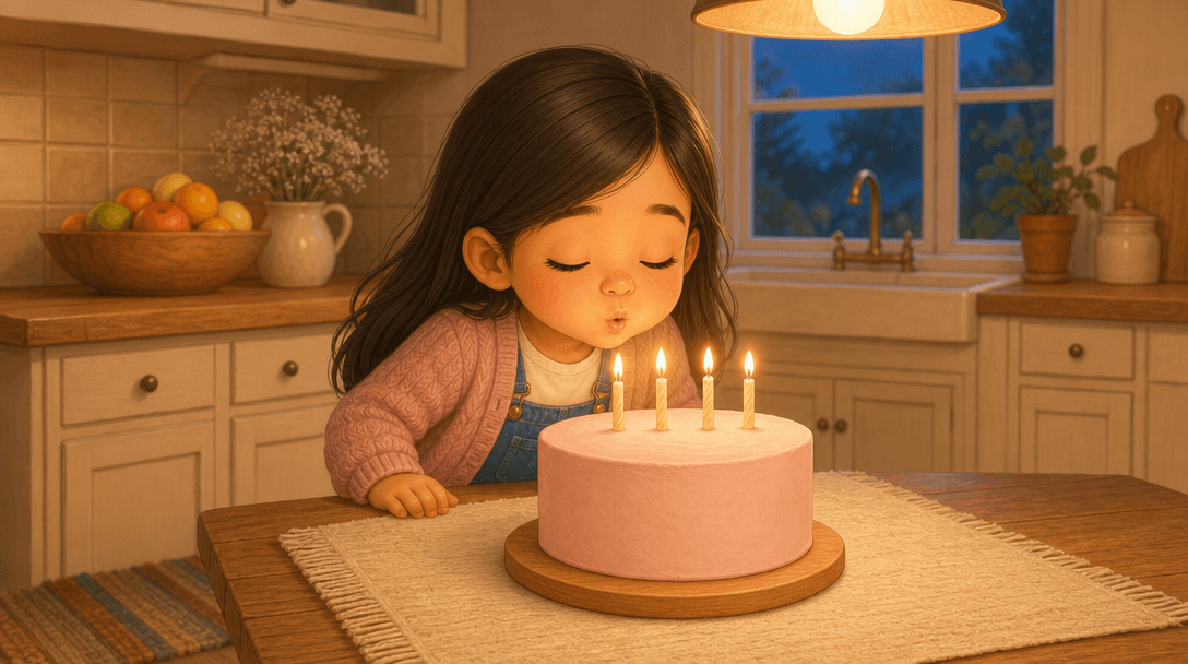 A child at a kitchen table in low golden light, cheeks puffed, about to blow out the candles