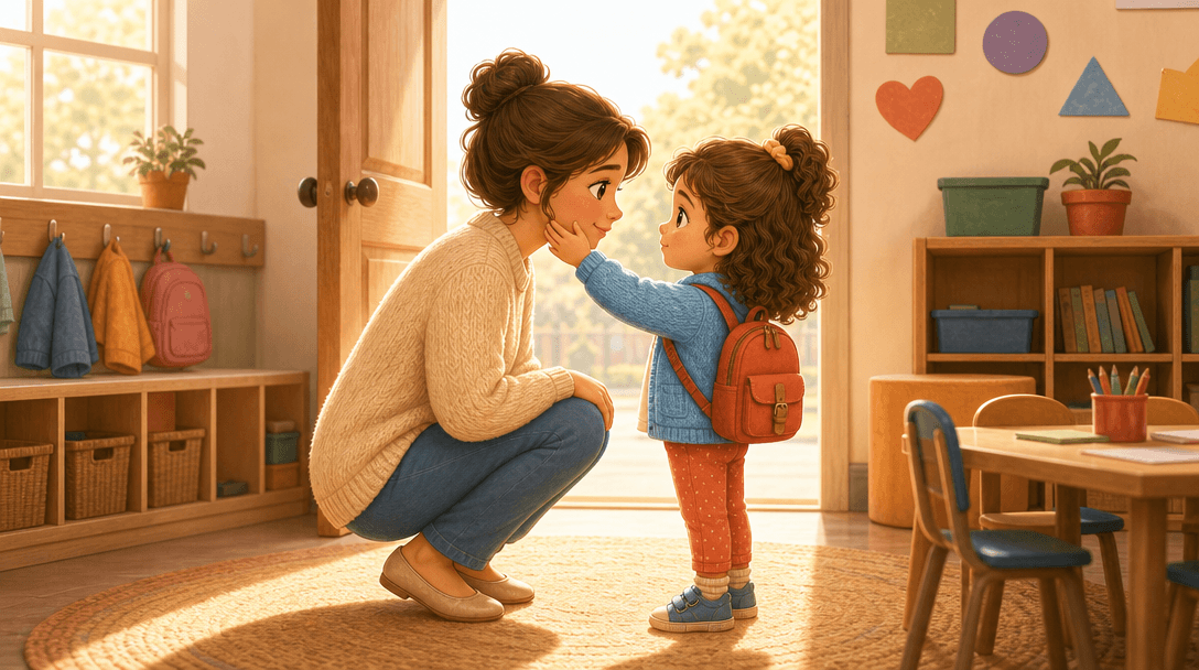 A grown-up crouched to eye level in a classroom doorway at a child in a backpack, the child's hand on their cheek