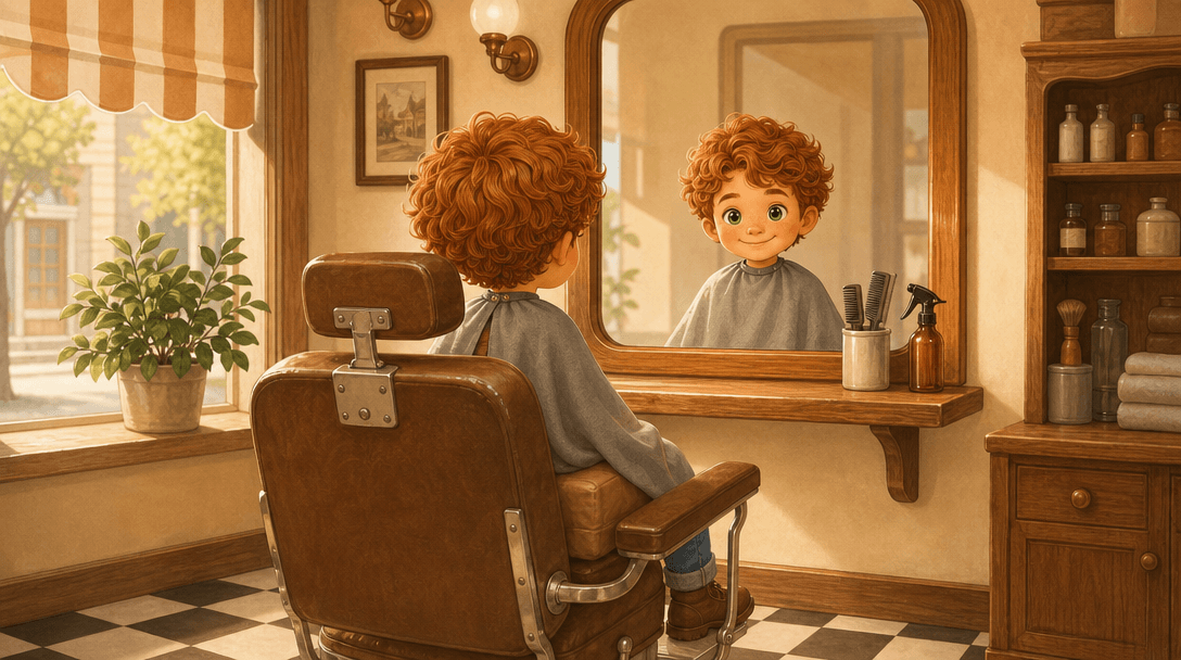 A child in a barber's chair meeting their own eyes in the big mirror