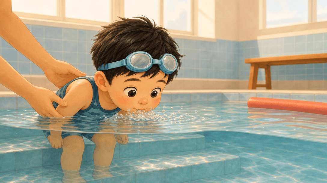 A child in goggles at the edge of the pool with a grown-up's hands steady under them