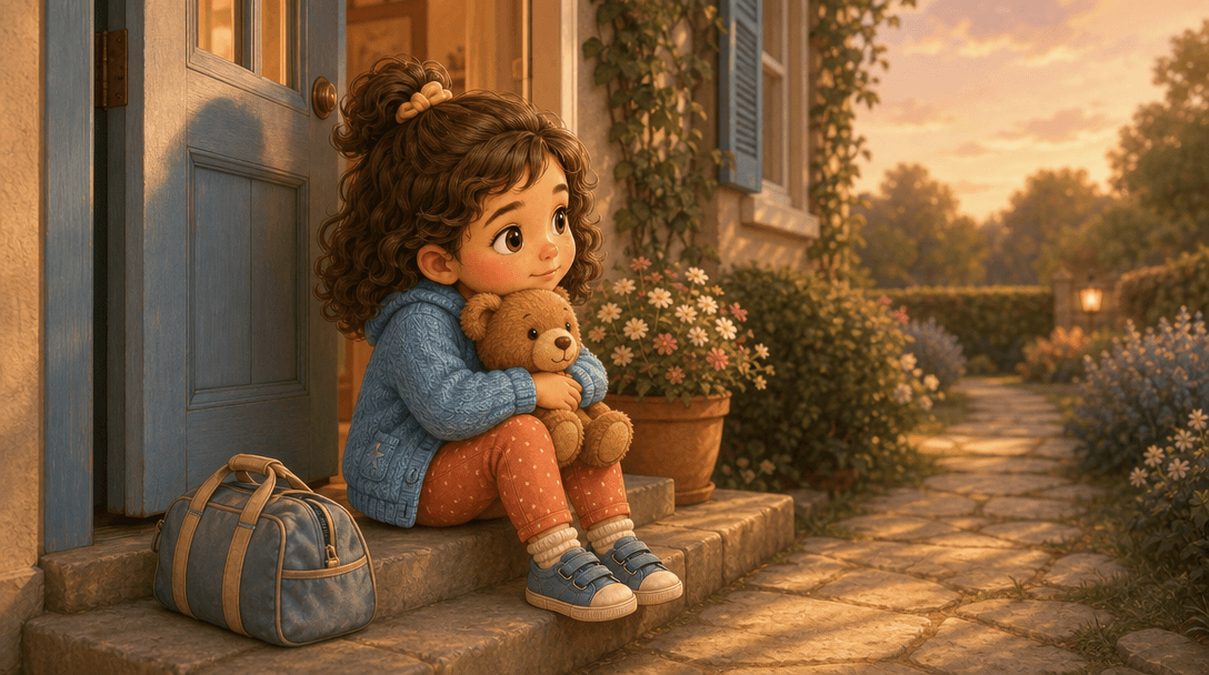 A child sitting on a front step in late afternoon light, hugging a teddy bear, a packed bag beside them