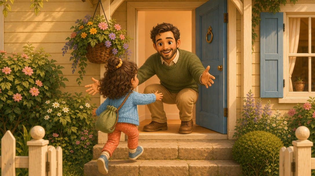A child running to a grown-up waiting in an open blue doorway